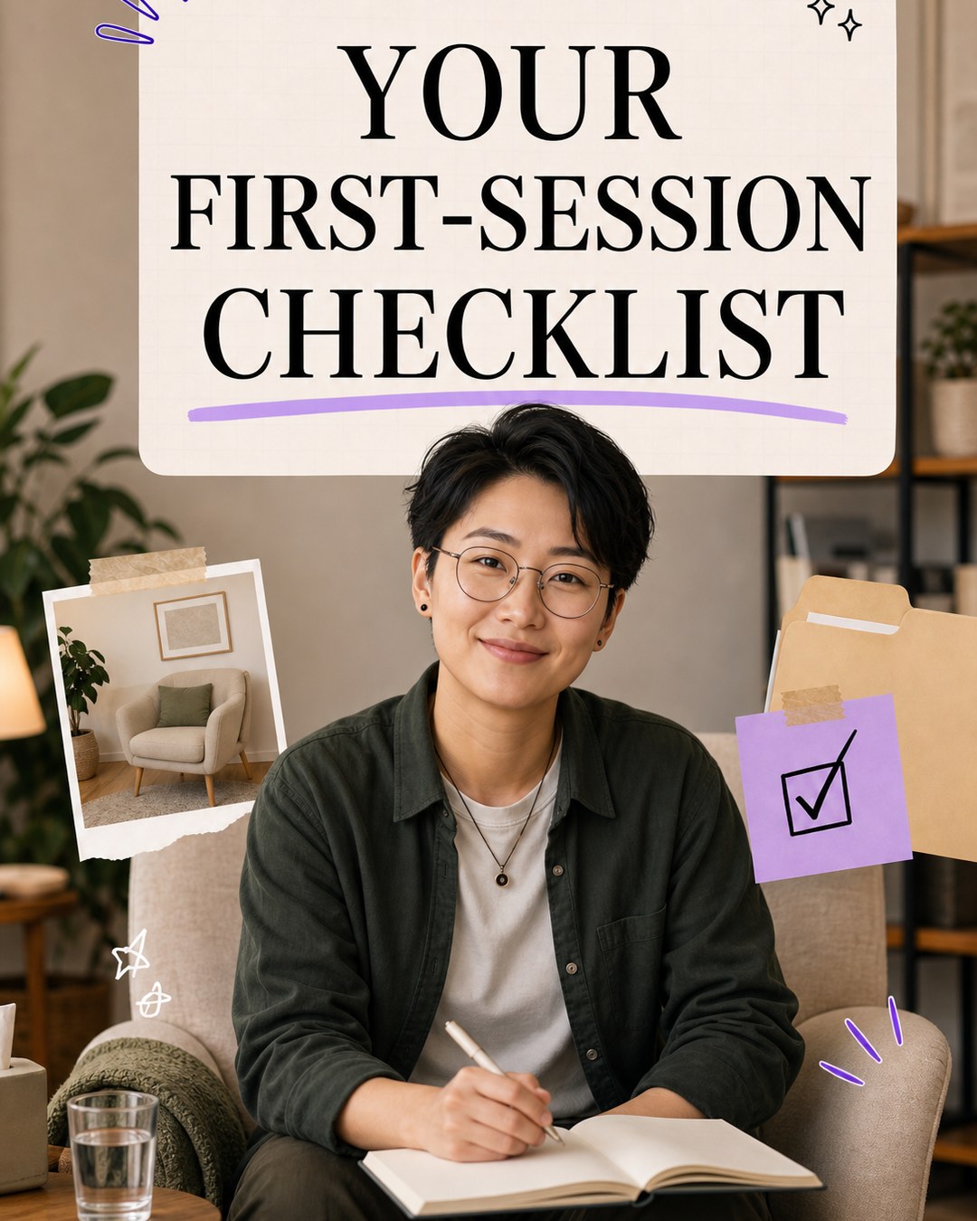 LinkedIn graphic reading “YOUR FIRST-SESSION CHECKLIST” over a smiling person with short dark hair and round glasses sitting in an armchair writing in an open notebook