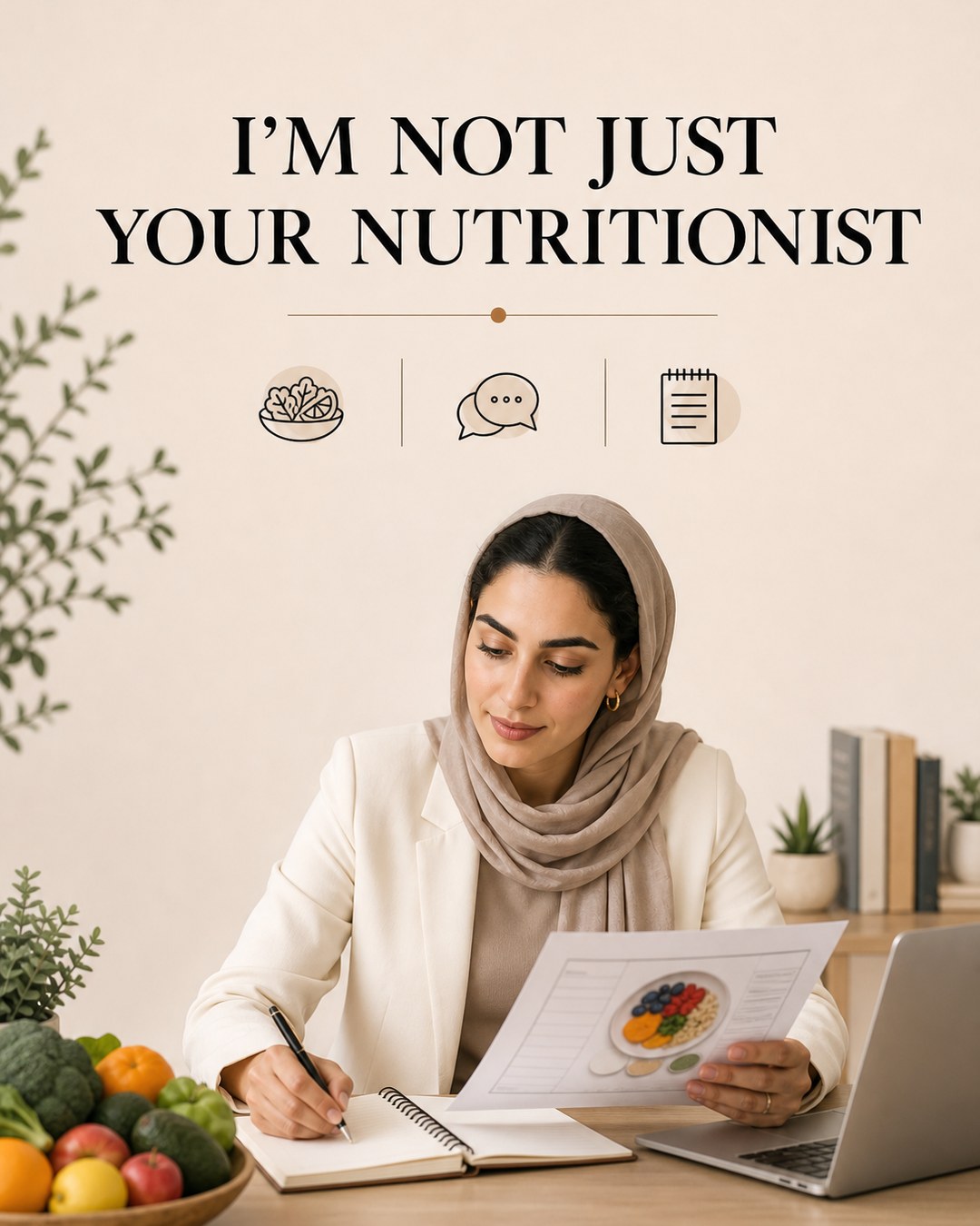 LinkedIn graphic reading “I'M NOT JUST
YOUR NUTRITIONIST” over a woman in a hijab and blazer writing in a notebook and holding a meal plan at a desk