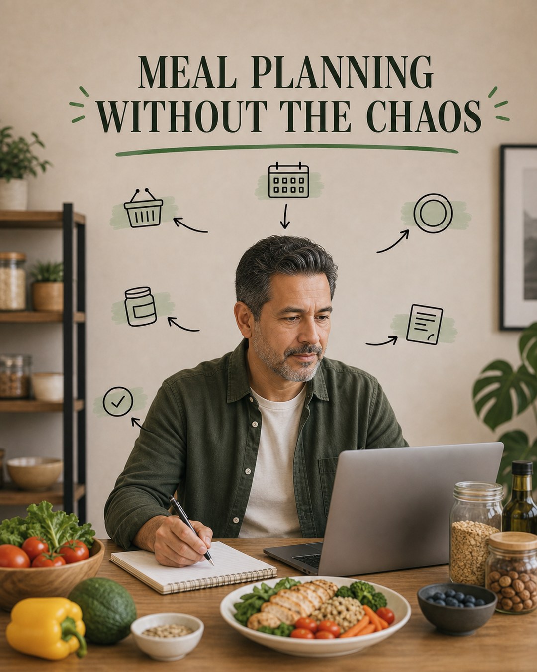 LinkedIn graphic reading “MEAL PLANNING WITHOUT THE CHAOS” over a man planning meals with a laptop and fresh food on a kitchen table