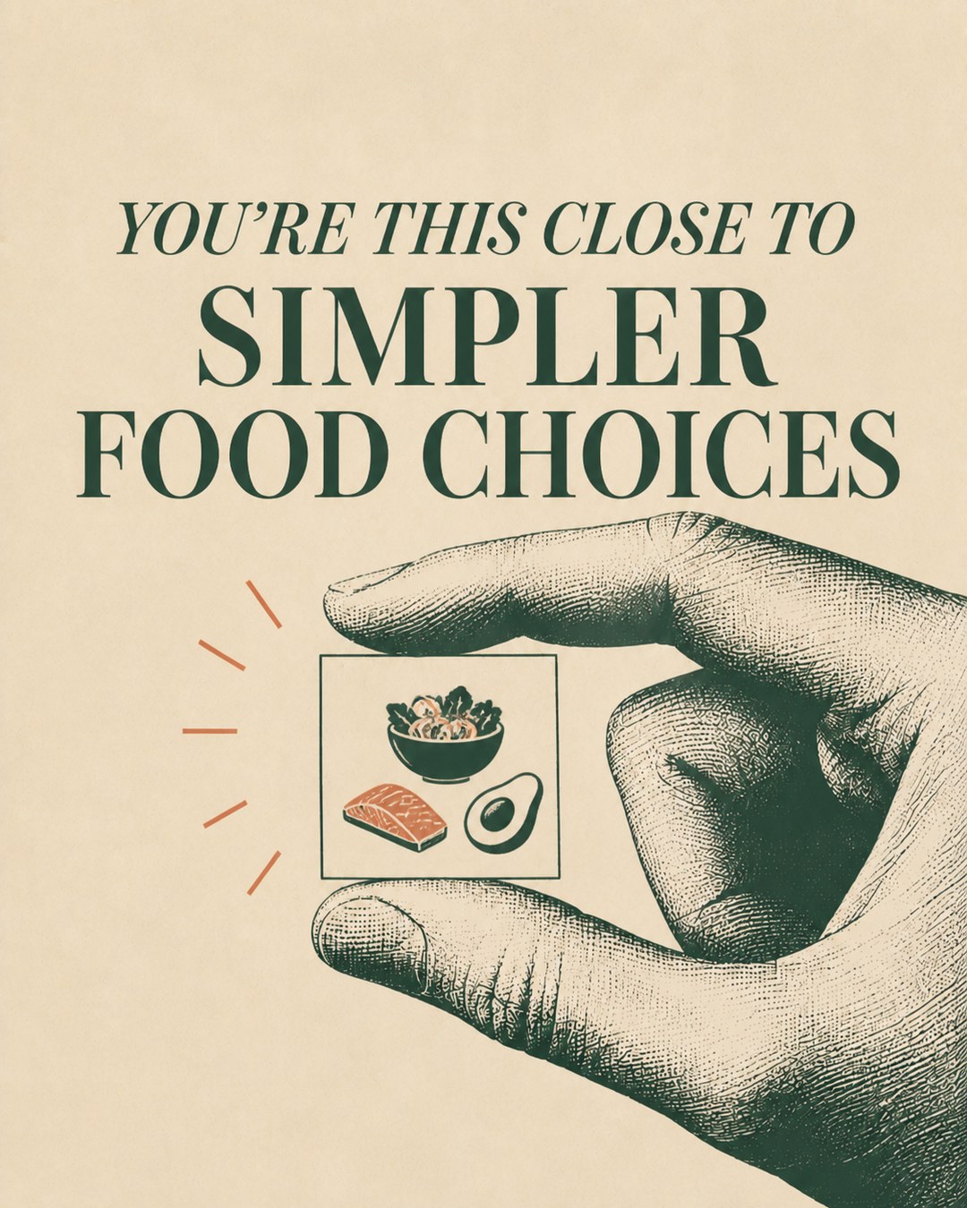 LinkedIn graphic reading “SIMPLER FOOD CHOICES” over an engraved hand pinching a small square card with food icons