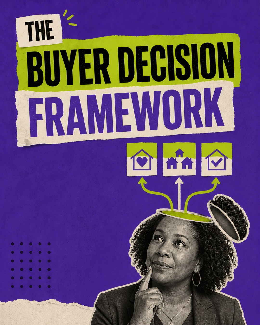 LinkedIn carousel cover design reading “THE BUYER DECISION FRAMEWORK” over a thoughtful woman with house choice icons emerging from her open head