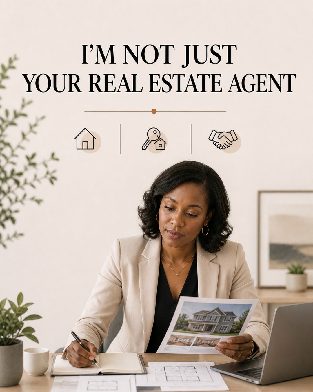 LinkedIn graphic reading “I’M NOT JUST
YOUR REAL ESTATE AGENT” over a woman in a beige blazer reviewing property listings at a desk