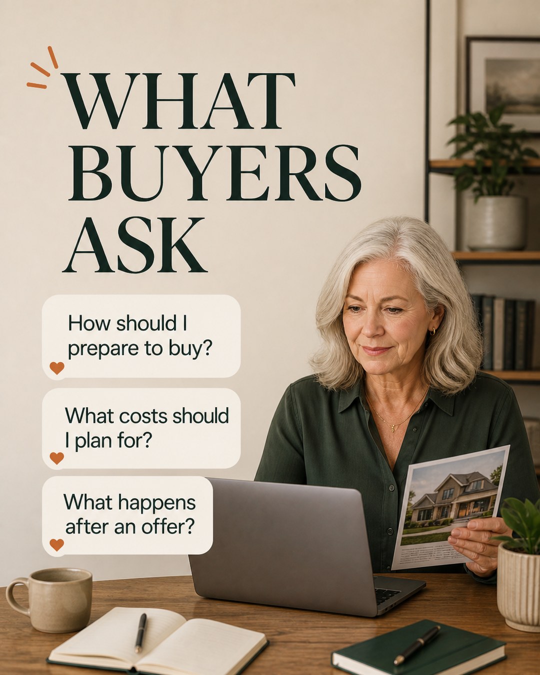 LinkedIn graphic reading “WHAT BUYERS ASK” over a mature woman at a wooden desk with a laptop holding a property flyer