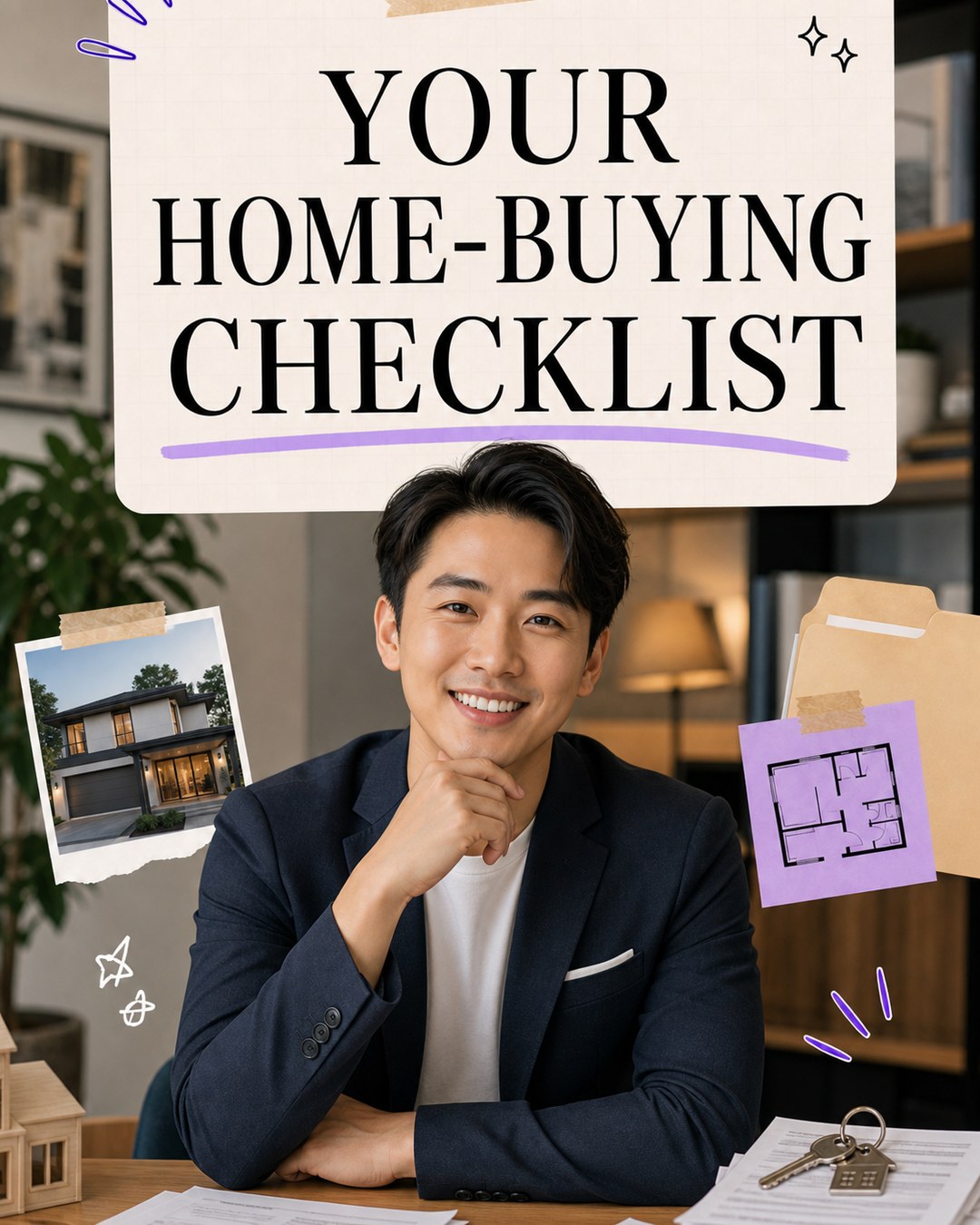 LinkedIn graphic reading “YOUR
HOME-BUYING
CHECKLIST” over a smiling man in a navy blazer seated at an office desk