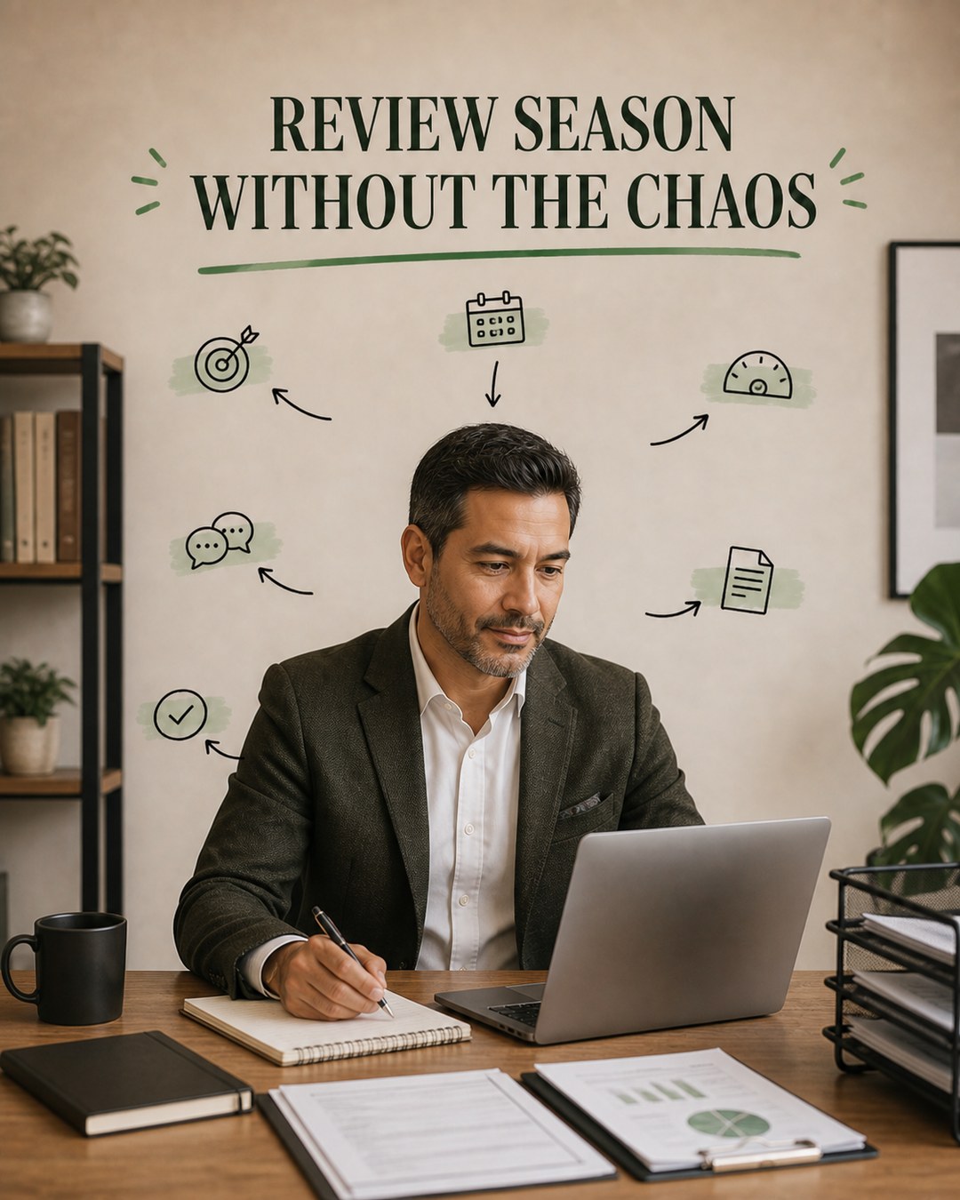 LinkedIn carousel cover design reading “REVIEW SEASON WITHOUT THE CHAOS” over a man in a dark blazer working at a wooden desk with a laptop and notebook
