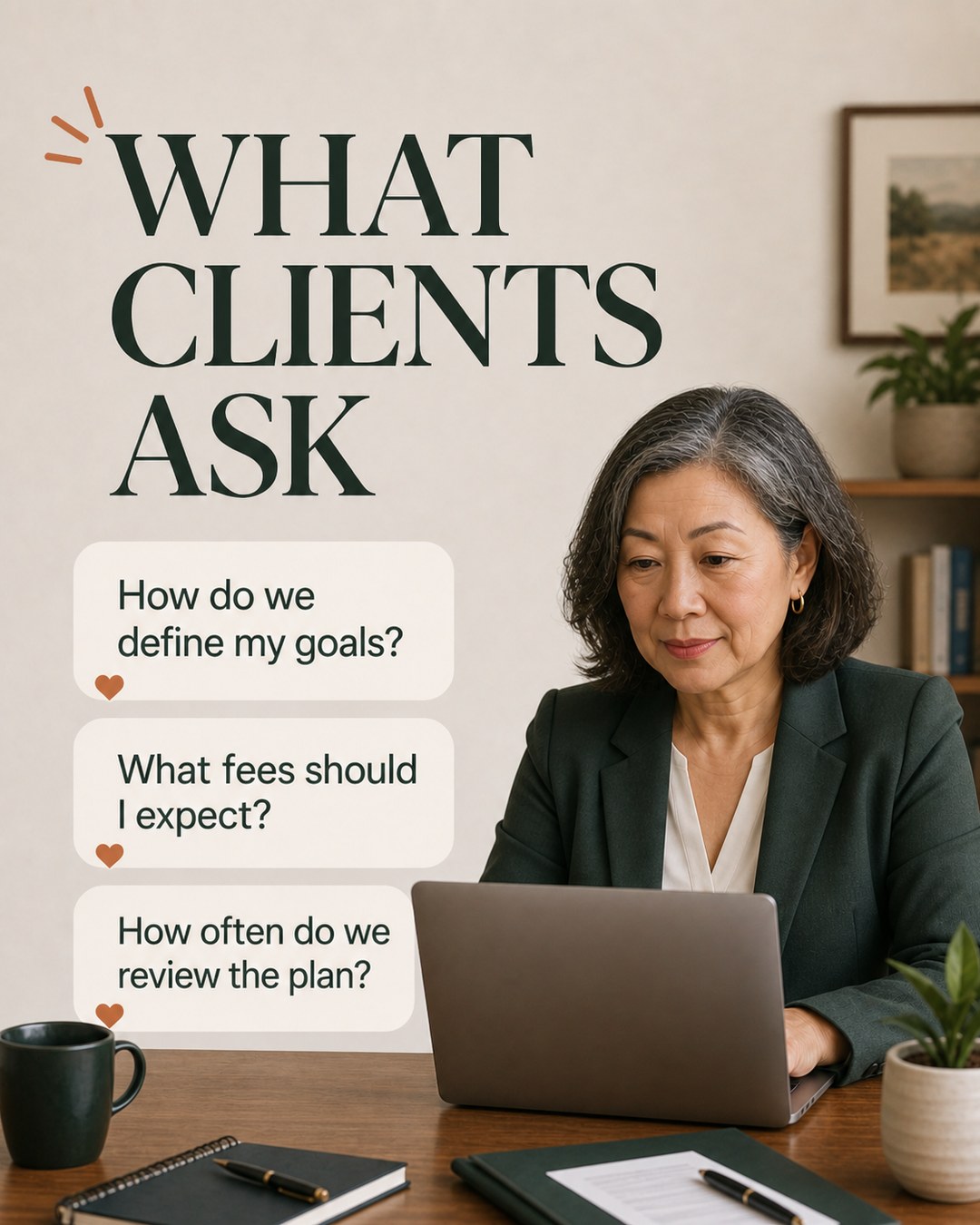 LinkedIn graphic reading “WHAT CLIENTS ASK” over a mature businesswoman in a dark green blazer working on a laptop at a wooden desk