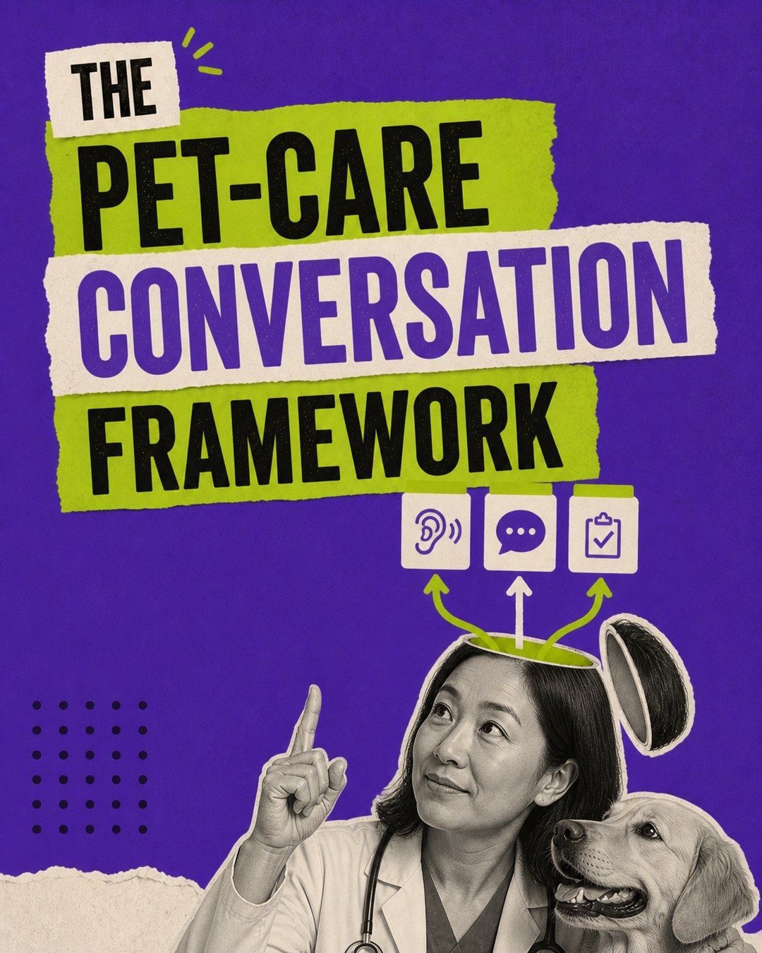 LinkedIn graphic reading “CONVERSATION” over a female veterinarian with a dog and communication icons popping out of her open head