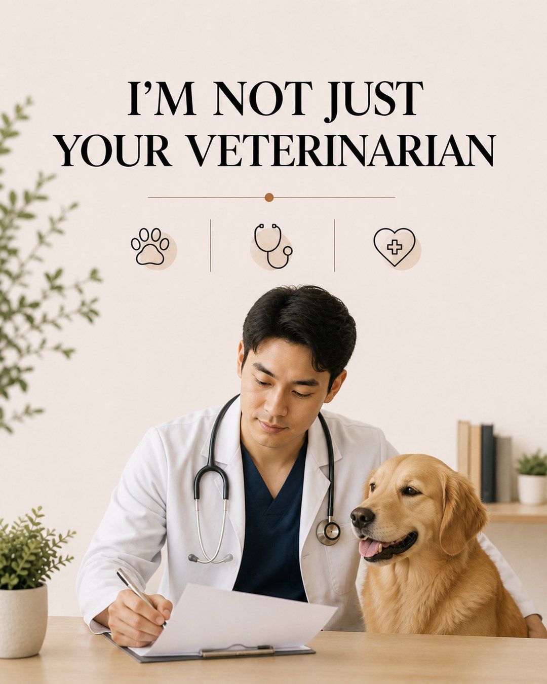 LinkedIn graphic reading “I'M NOT JUST YOUR VETERINARIAN” over a male veterinarian sitting at a desk with a golden retriever