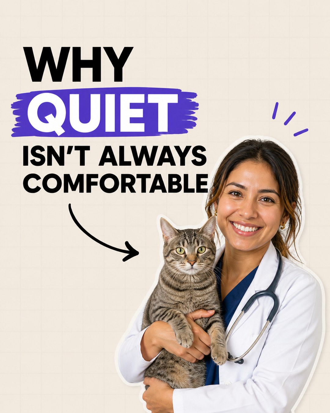 LinkedIn graphic reading “WHY QUIET ISN'T ALWAYS COMFORTABLE” over a female veterinarian holding a tabby cat