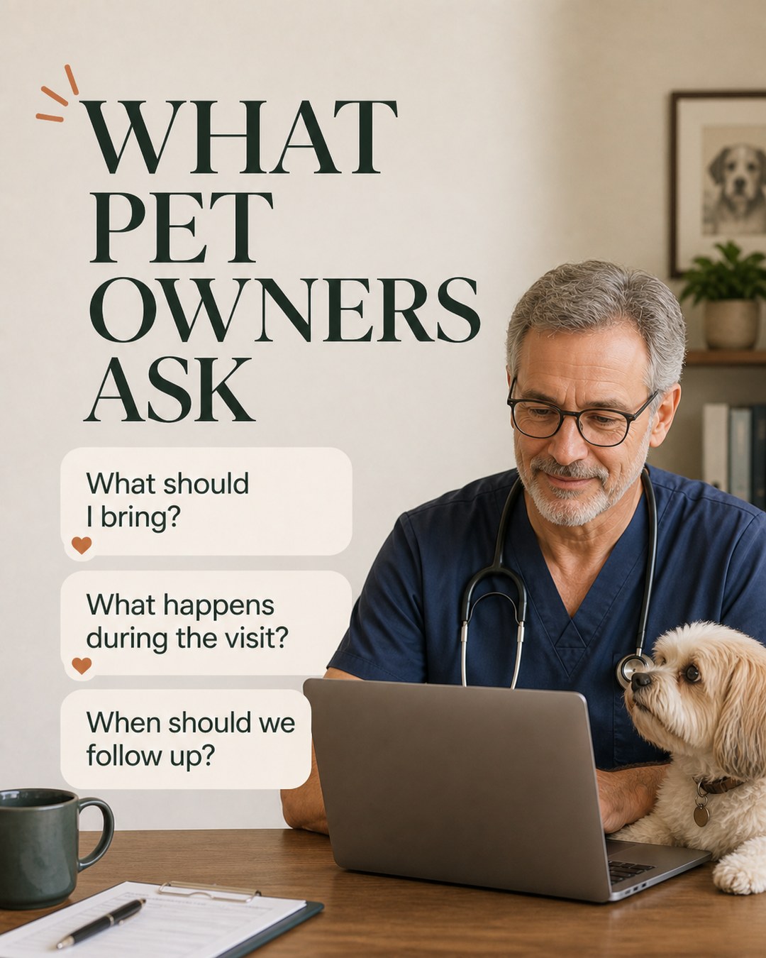 LinkedIn graphic reading “WHAT
PET
OWNERS
ASK” over a male veterinarian in scrubs sitting at a laptop with a small dog