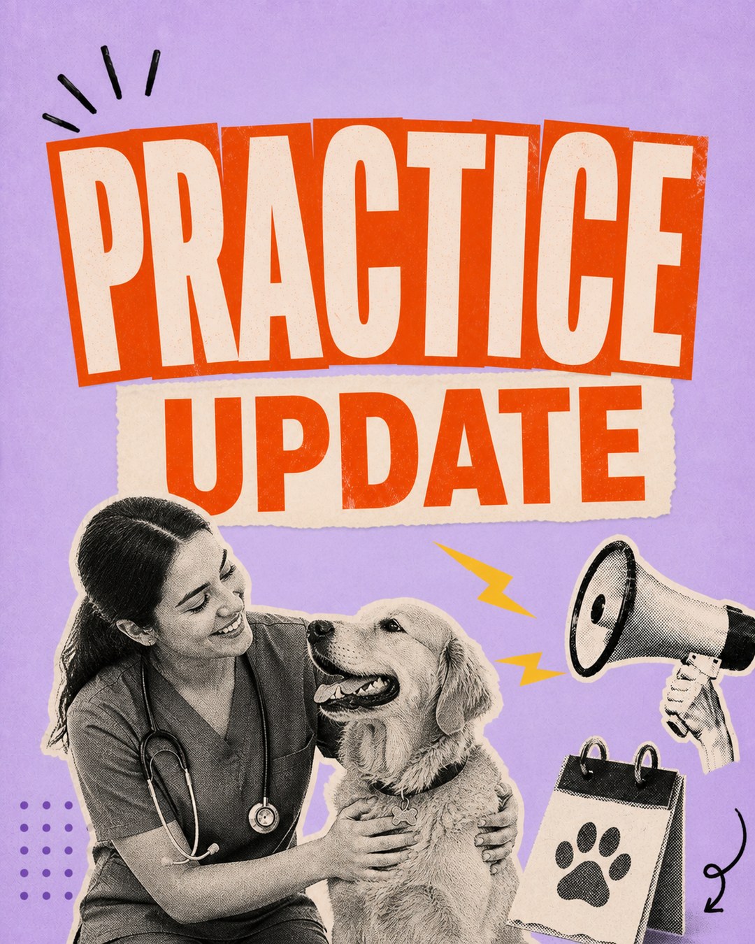 LinkedIn graphic reading “PRACTICE UPDATE” over a female vet smiling with a golden retriever dog