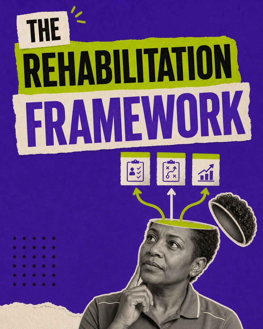 LinkedIn graphic reading “THE REHABILITATION FRAMEWORK” over a woman looking thoughtful with an open head and ideas sprouting out