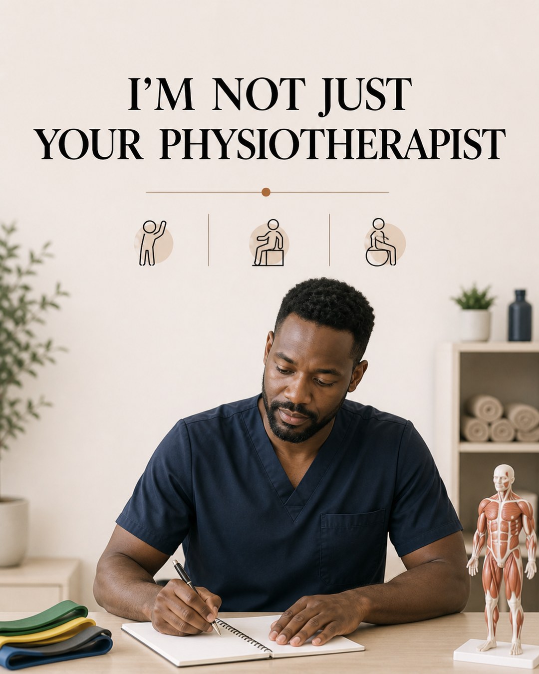 LinkedIn graphic reading “I'M NOT JUST YOUR PHYSIOTHERAPIST” over a male physiotherapist in navy scrubs writing in a notebook at his desk