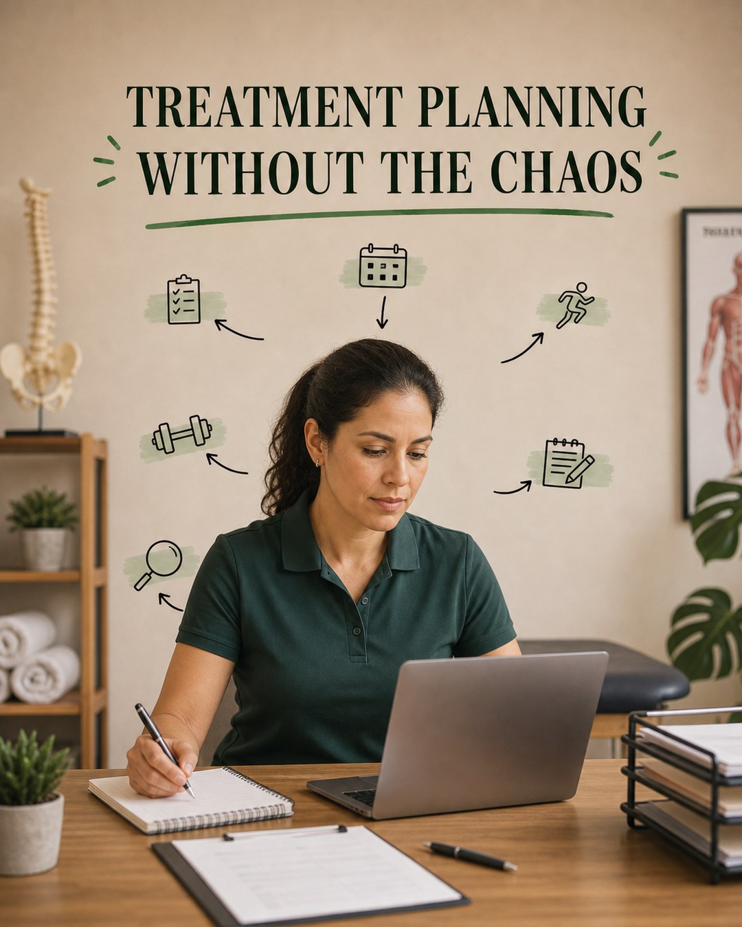 LinkedIn graphic reading “TREATMENT PLANNING
WITHOUT THE CHAOS” over a female healthcare professional working at a desk with a laptop and floating process icons
