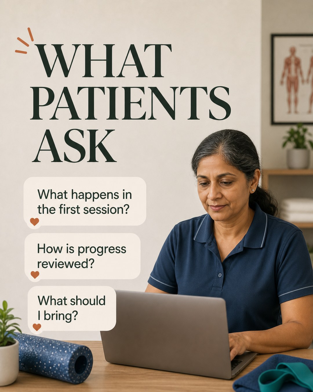 LinkedIn graphic reading “WHAT
PATIENTS
ASK” over a female healthcare professional working on a laptop at her desk