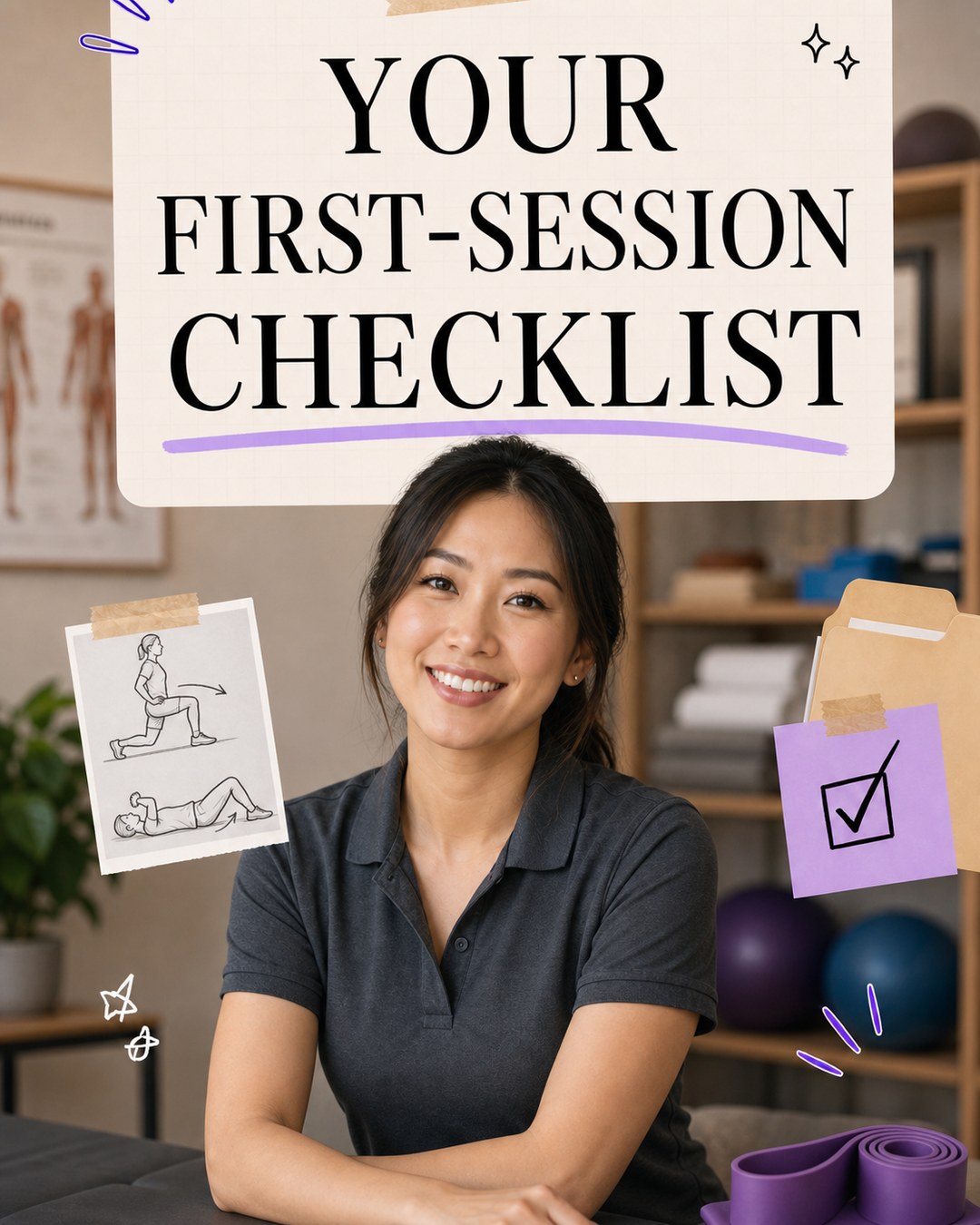 LinkedIn graphic reading “YOUR
FIRST-SESSION
CHECKLIST” over a smiling female physiotherapist sitting in a clinic