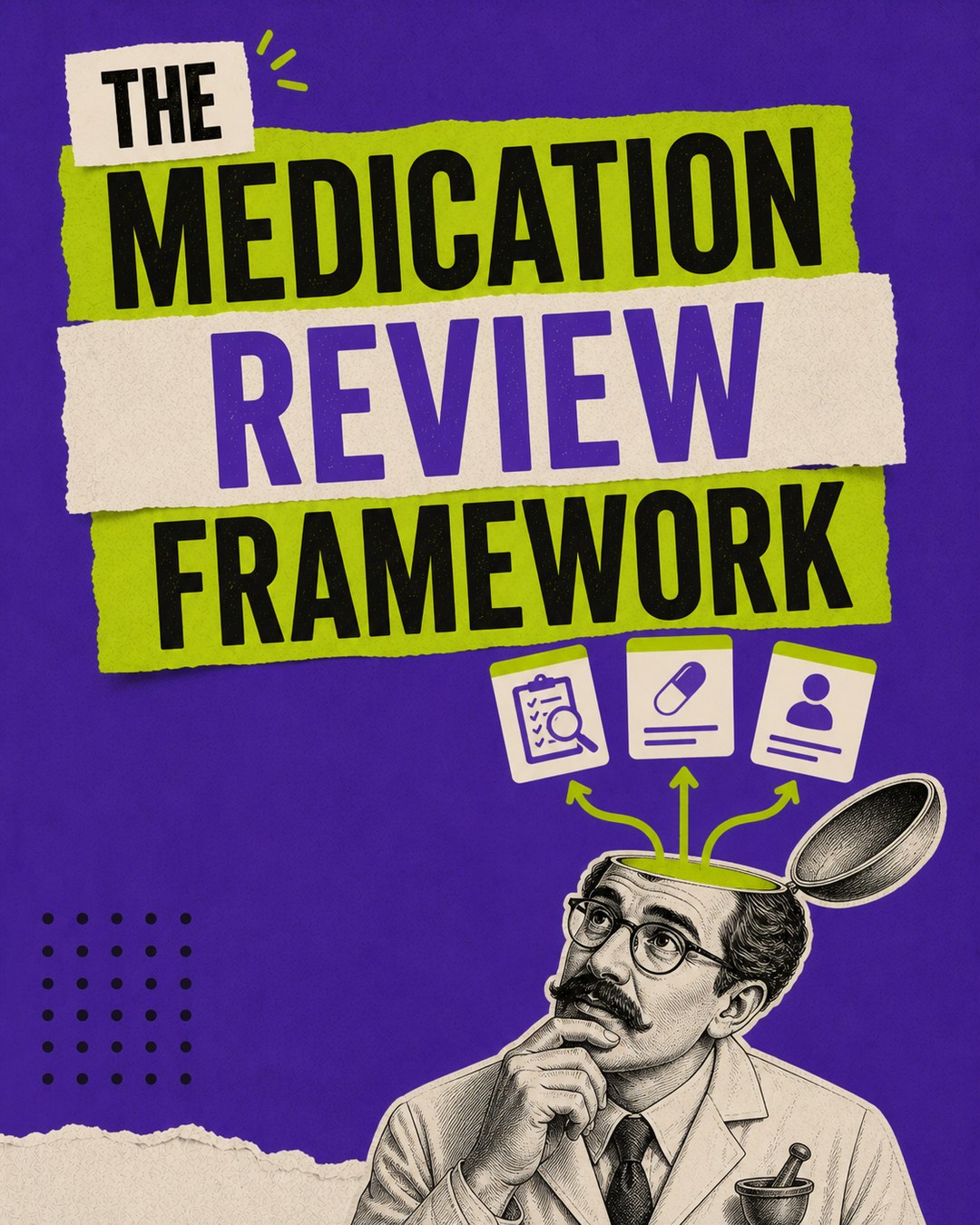 LinkedIn graphic reading “THE MEDICATION REVIEW FRAMEWORK” over a vintage engraved doctor with his skull opened up and medical icons popping out