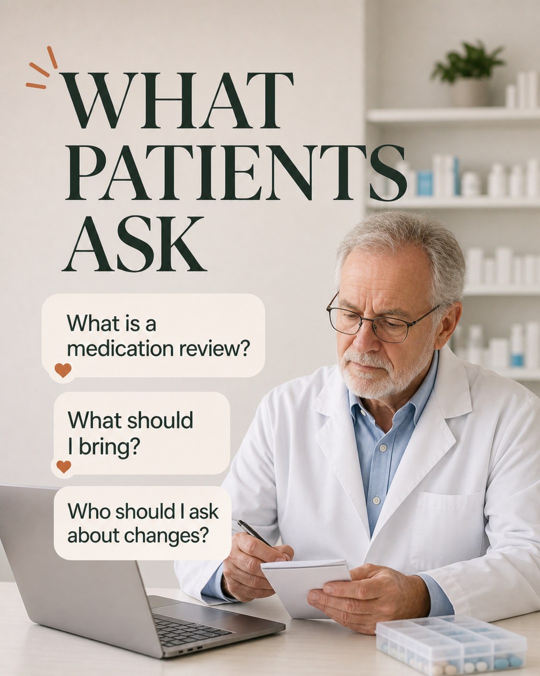 LinkedIn graphic reading “WHAT
PATIENTS
ASK” over a senior male doctor in a white coat writing notes at a desk