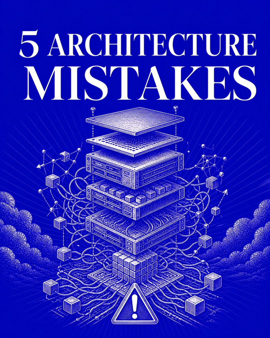 LinkedIn graphic reading “5 ARCHITECTURE MISTAKES” over an exploded diagram engraving of a layered computer server stack with cables and a warning symbol