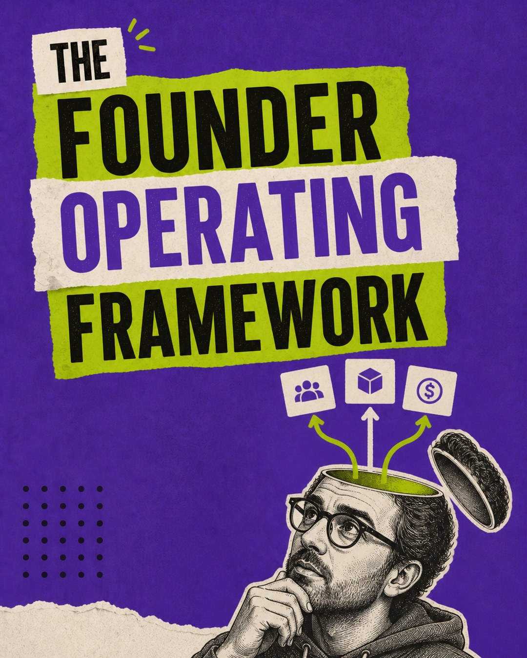 LinkedIn graphic reading “THE FOUNDER OPERATING FRAMEWORK” over an engraved-style man with an open head revealing strategy icons