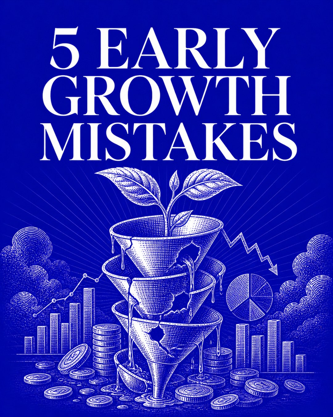 LinkedIn graphic reading “5 EARLY
GROWTH
MISTAKES” over an engraved illustration of a leaking funnel with a sprouting plant and coins