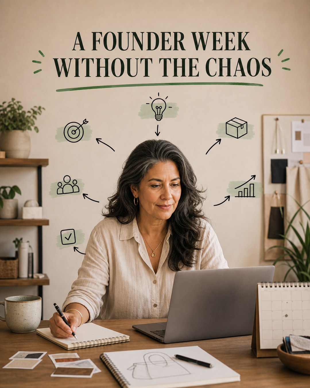 LinkedIn graphic reading “A FOUNDER WEEK
WITHOUT THE CHAOS” over a female founder working at a desk with a laptop and notebook, surrounded by illustrated mind-map icons