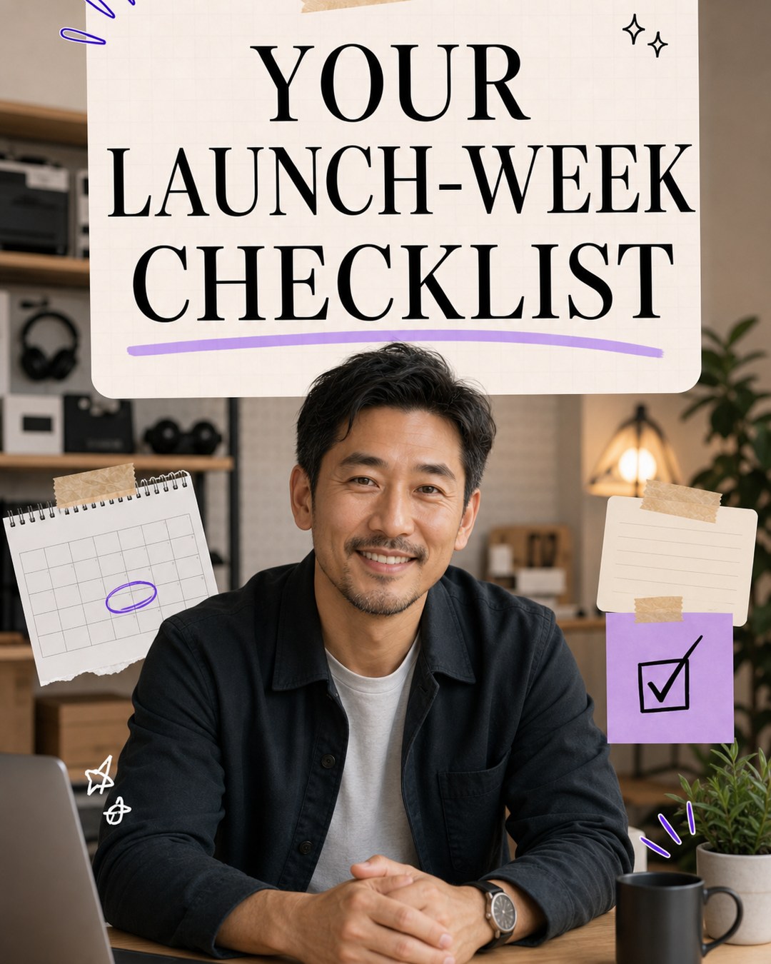 LinkedIn carousel cover design reading “YOUR LAUNCH-WEEK CHECKLIST” over a smiling man sitting at a desk in a modern home office