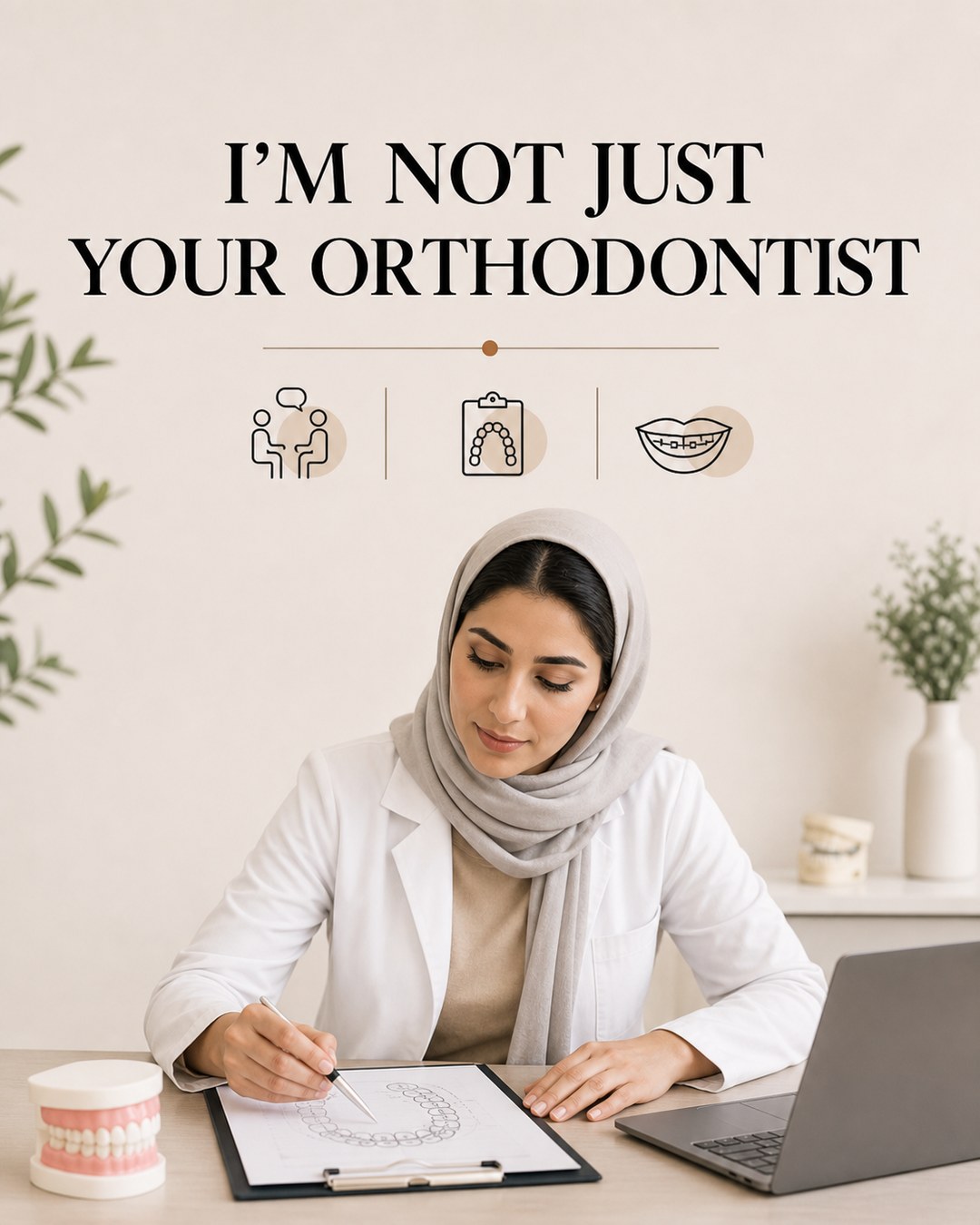 LinkedIn graphic reading “I'M NOT JUST
YOUR ORTHODONTIST” over a female orthodontist in a hijab and white coat reviewing dental charts at a desk