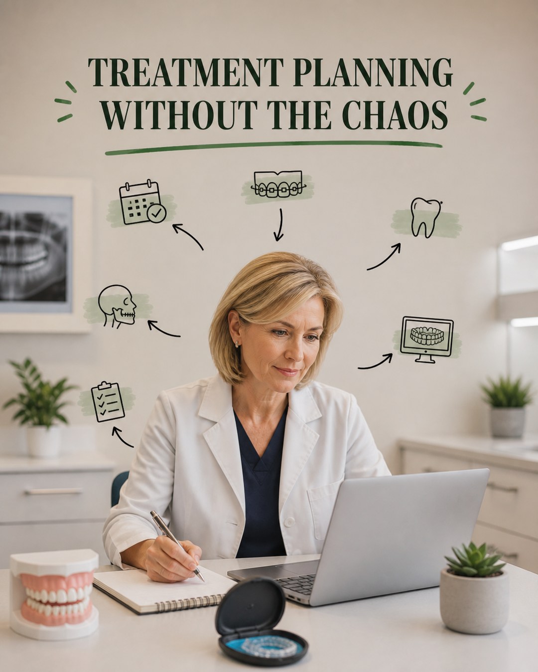 LinkedIn graphic reading “TREATMENT PLANNING WITHOUT THE CHAOS” over a female orthodontist sitting at a desk with a laptop, dental model, and notebook