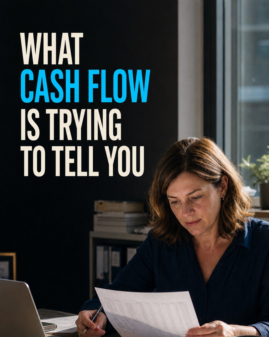 LinkedIn graphic reading “WHAT
CASH FLOW
IS TRYING
TO TELL YOU” over a woman reviewing financial paperwork at a desk