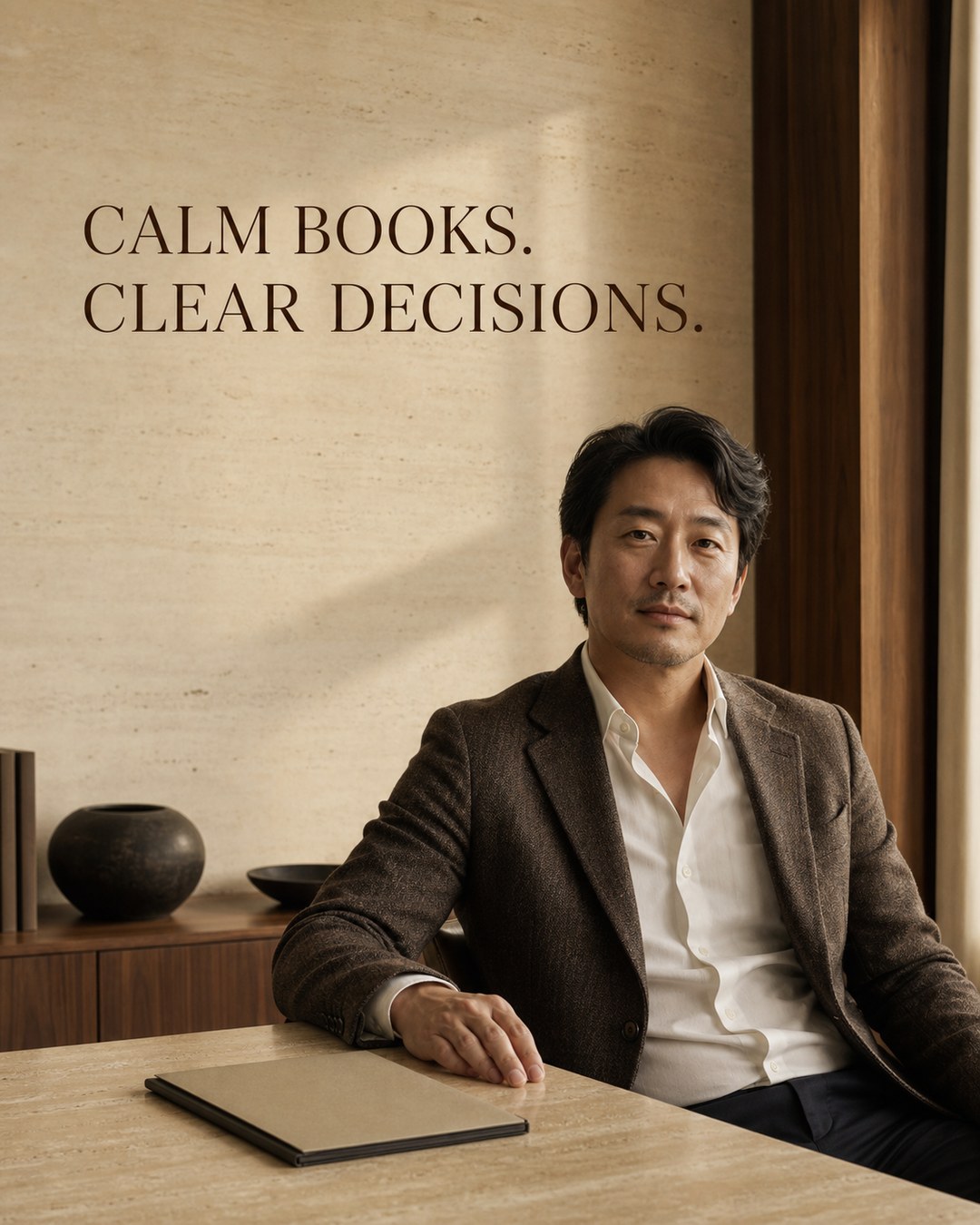 LinkedIn graphic reading “CALM BOOKS.
CLEAR DECISIONS.” over an Asian man in a brown blazer seated at a desk