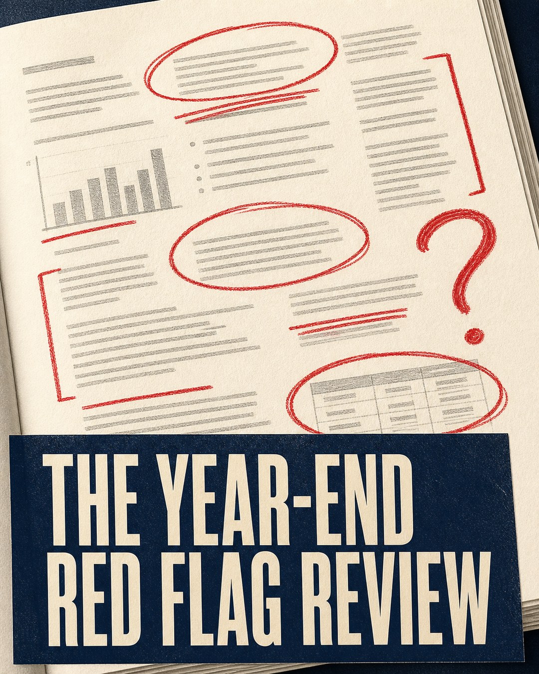 LinkedIn graphic reading “THE YEAR-END
RED FLAG REVIEW” over a printed report with red pencil markups and annotations
