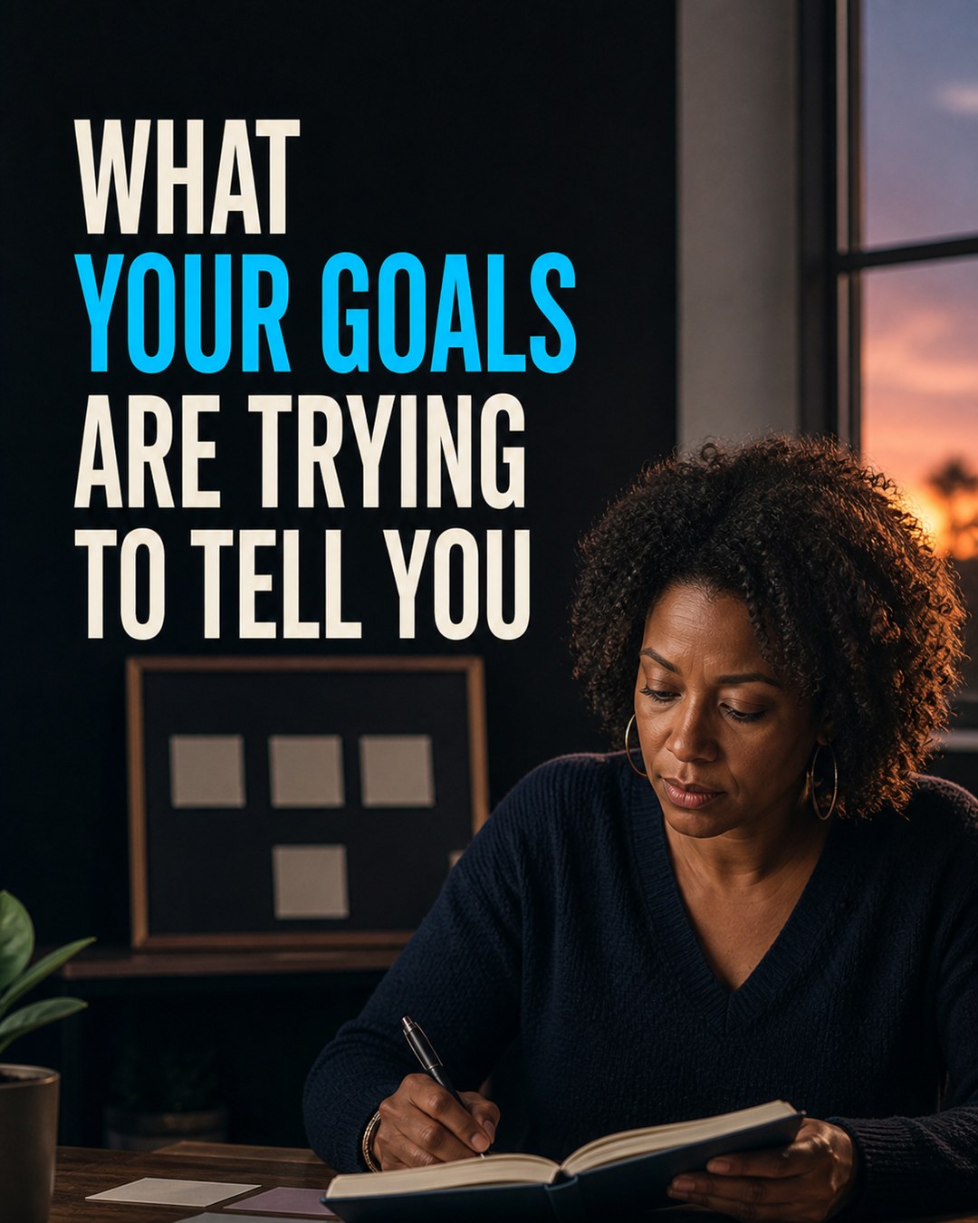 LinkedIn graphic reading “WHAT YOUR GOALS ARE TRYING TO TELL YOU” over a woman with curly hair writing in a journal at a desk