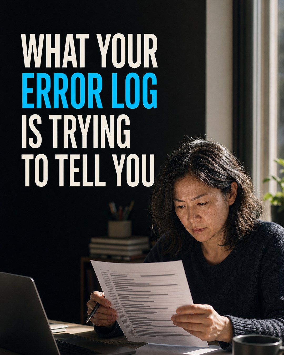 LinkedIn graphic reading “WHAT YOUR ERROR LOG IS TRYING TO TELL YOU” over a woman reviewing printed documents at a desk