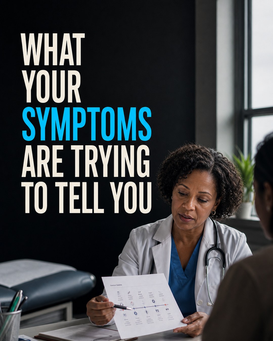 LinkedIn graphic reading “WHAT
YOUR
SYMPTOMS
ARE TRYING
TO TELL YOU” over a female doctor in a white coat discussing a chart with a patient