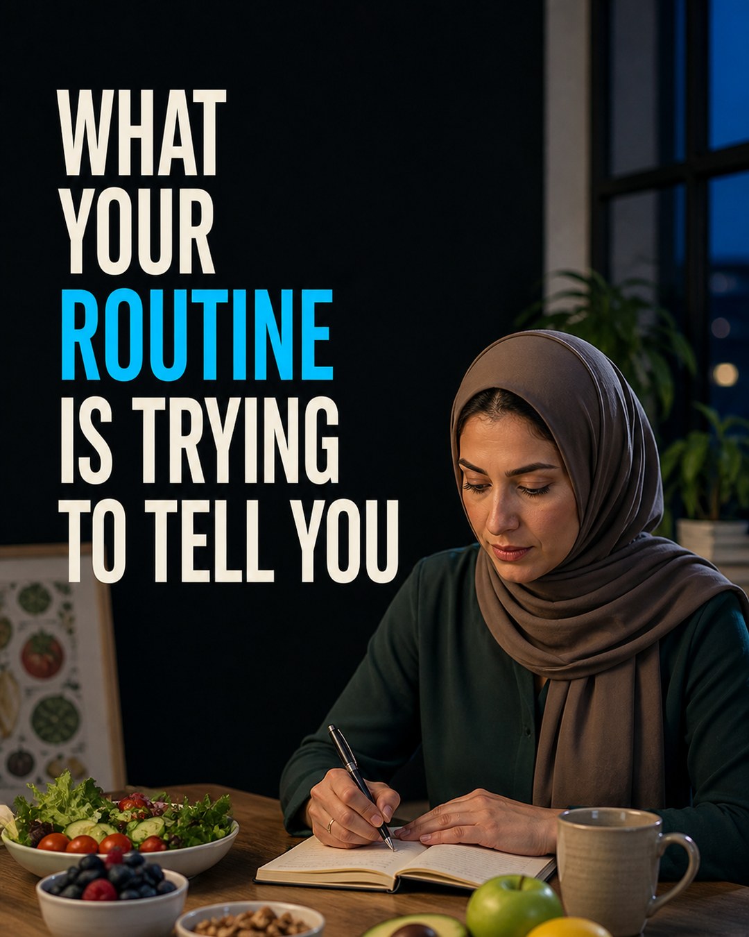 LinkedIn graphic reading “WHAT YOUR ROUTINE IS TRYING TO TELL YOU” over a woman wearing a hijab writing in a notebook at a wooden table with healthy food