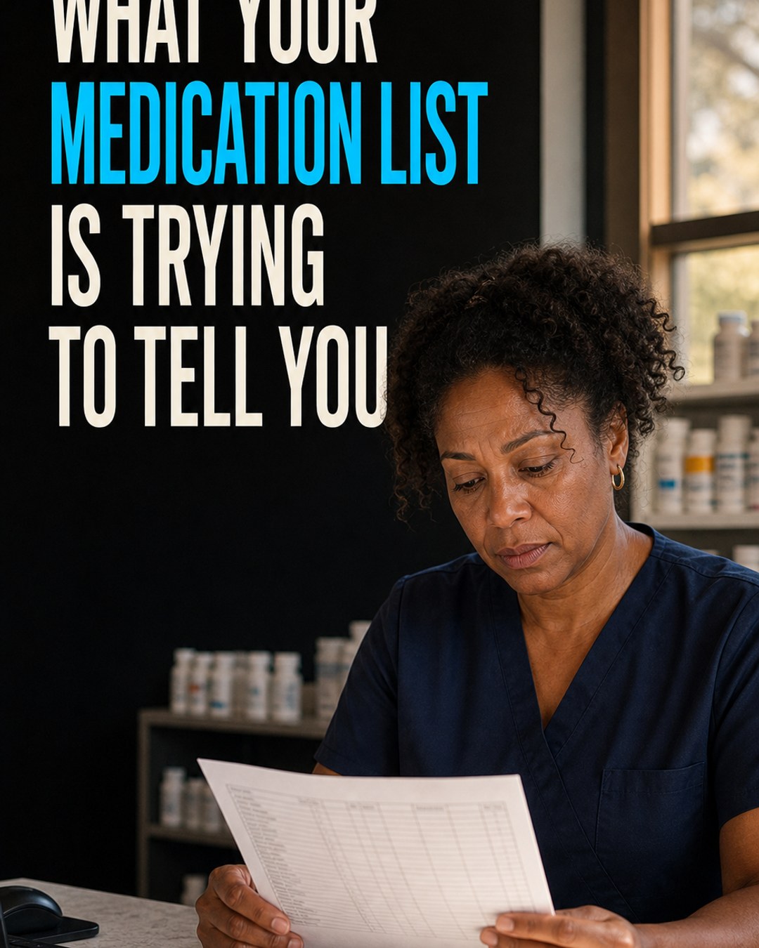 LinkedIn graphic reading “WHAT YOUR MEDICATION LIST IS TRYING TO TELL YOU” over a healthcare worker in dark blue scrubs reviewing a printed chart