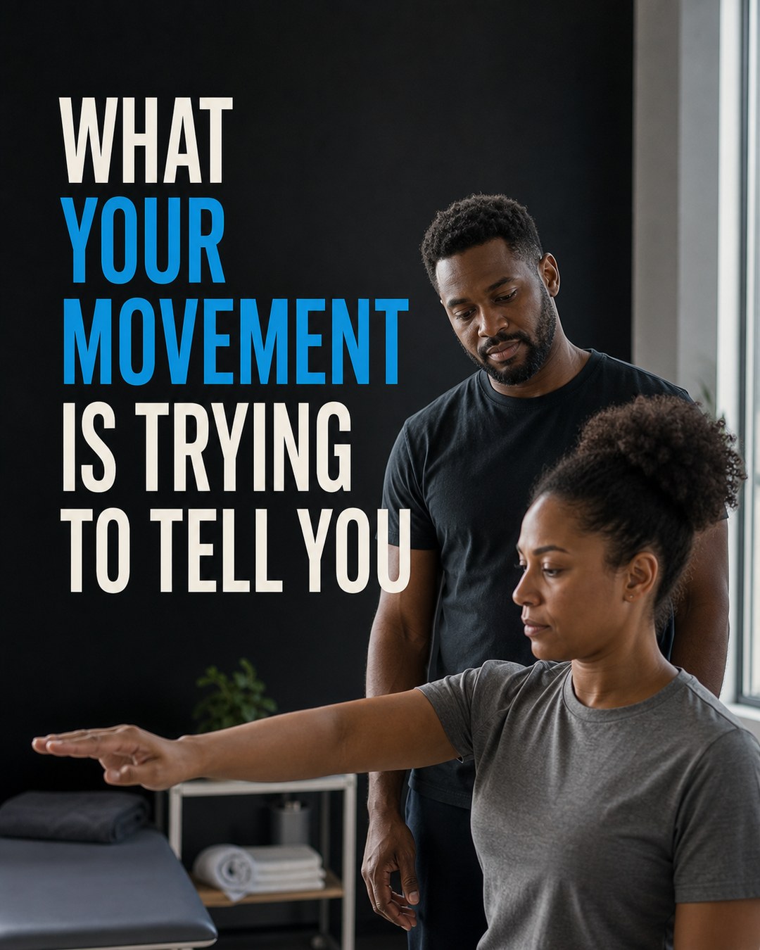 LinkedIn graphic reading “WHAT YOUR MOVEMENT IS TRYING TO TELL YOU” over a physical therapist assessing a female patient extending her arm