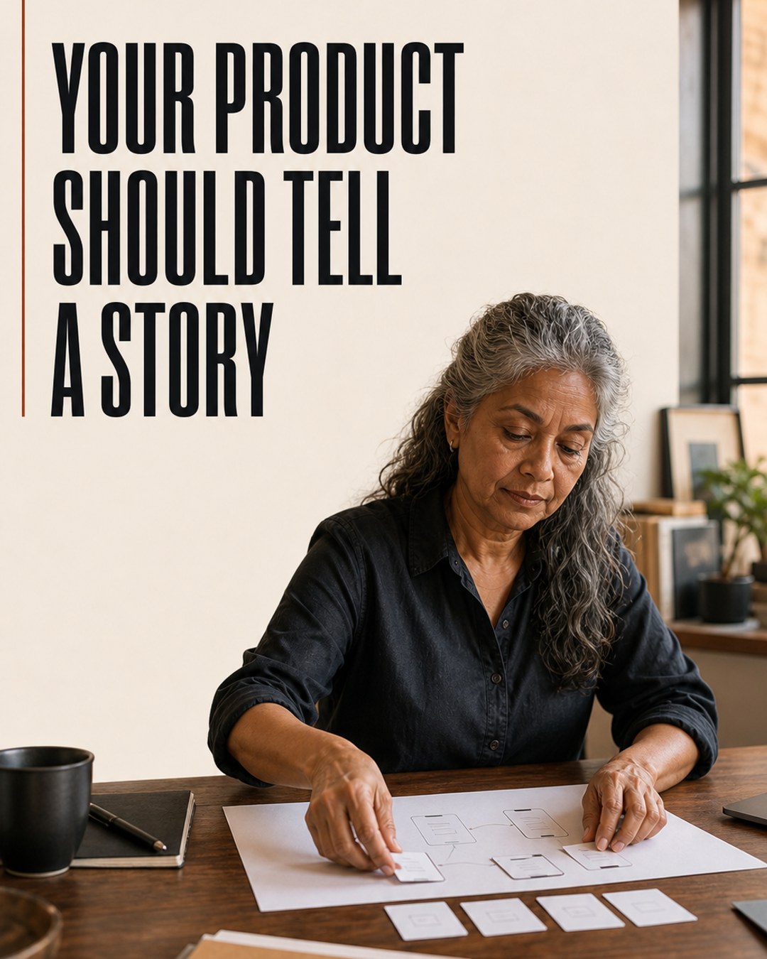 LinkedIn graphic reading “YOUR PRODUCT SHOULD TELL A STORY” over a woman reviewing paper wireframes at a wooden desk