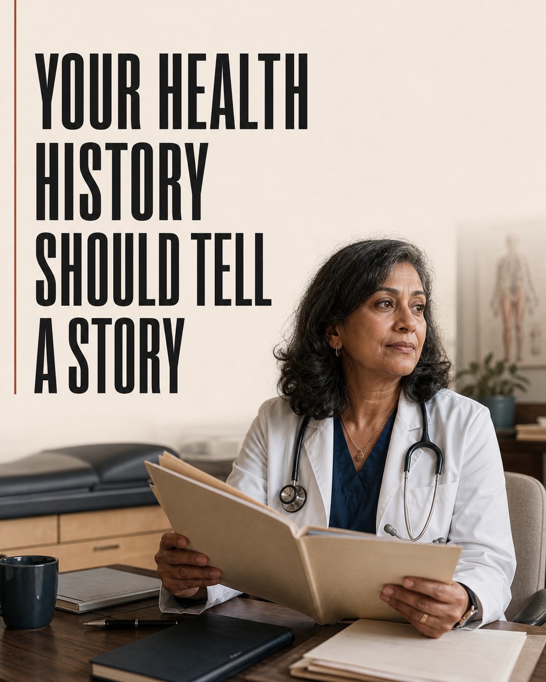 LinkedIn graphic reading “YOUR HEALTH HISTORY SHOULD TELL A STORY” over a female doctor in a white coat holding an open folder at her desk