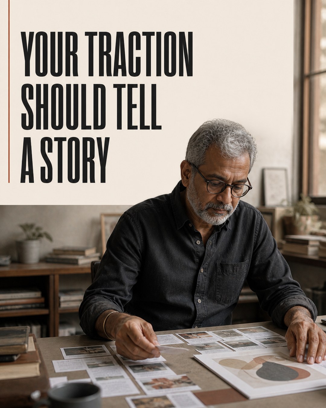 LinkedIn graphic reading “YOUR TRACTION SHOULD TELL A STORY” over a mature man with glasses and gray beard reviewing cards at a desk