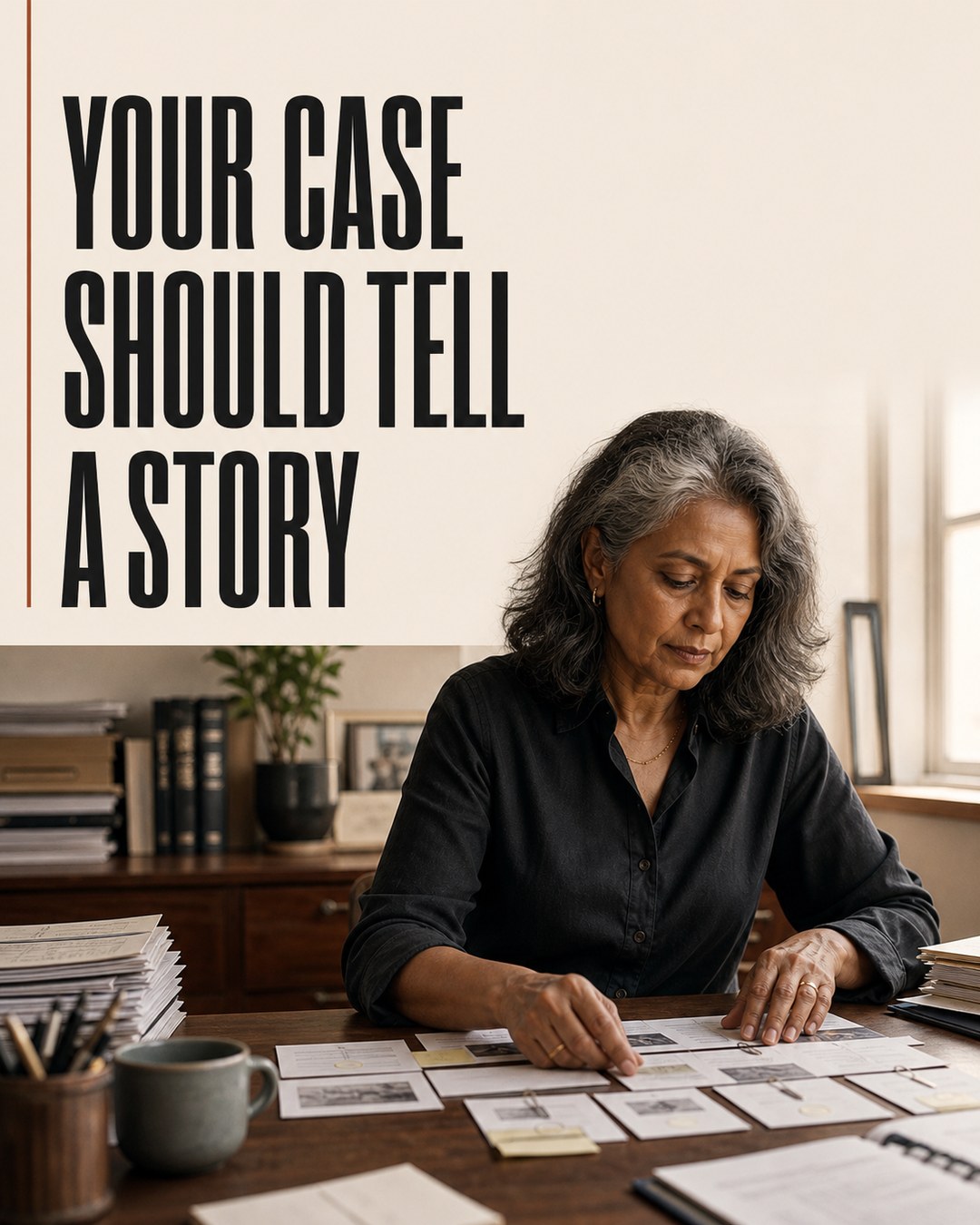 LinkedIn graphic reading “YOUR CASE SHOULD TELL A STORY” over a mature woman with grey hair organizing cards and papers at a wooden desk