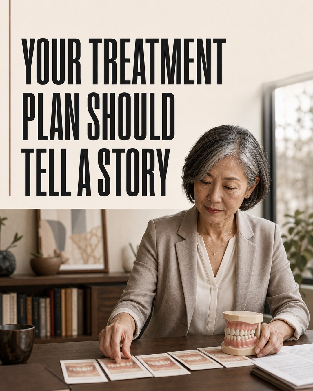 LinkedIn graphic reading “YOUR TREATMENT
PLAN SHOULD
TELL A STORY” over a mature woman in a blazer reviewing dental cards and a teeth model at a wooden desk