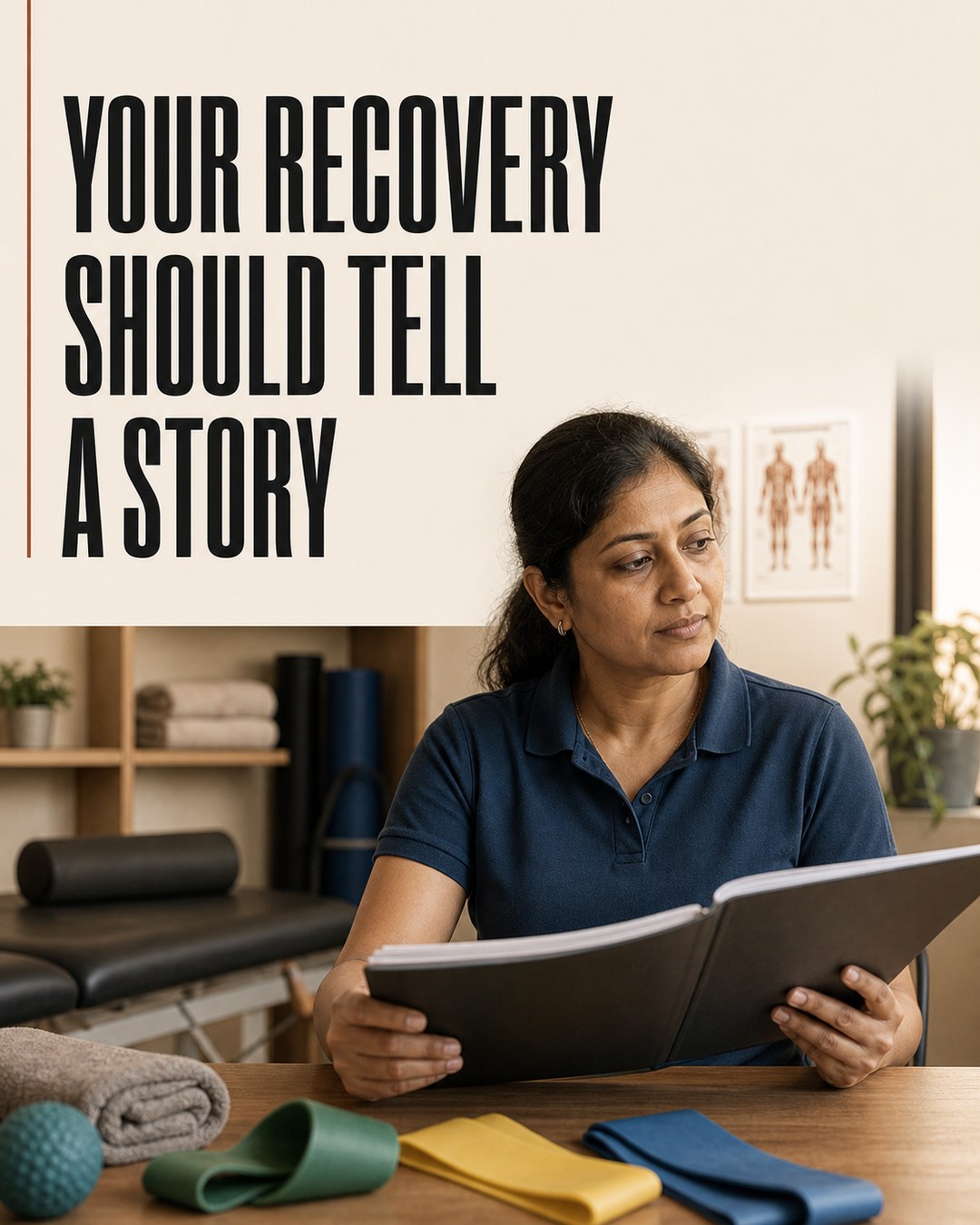 LinkedIn graphic reading “YOUR RECOVERY SHOULD TELL A STORY” over a female physical therapist reviewing a patient file at a desk