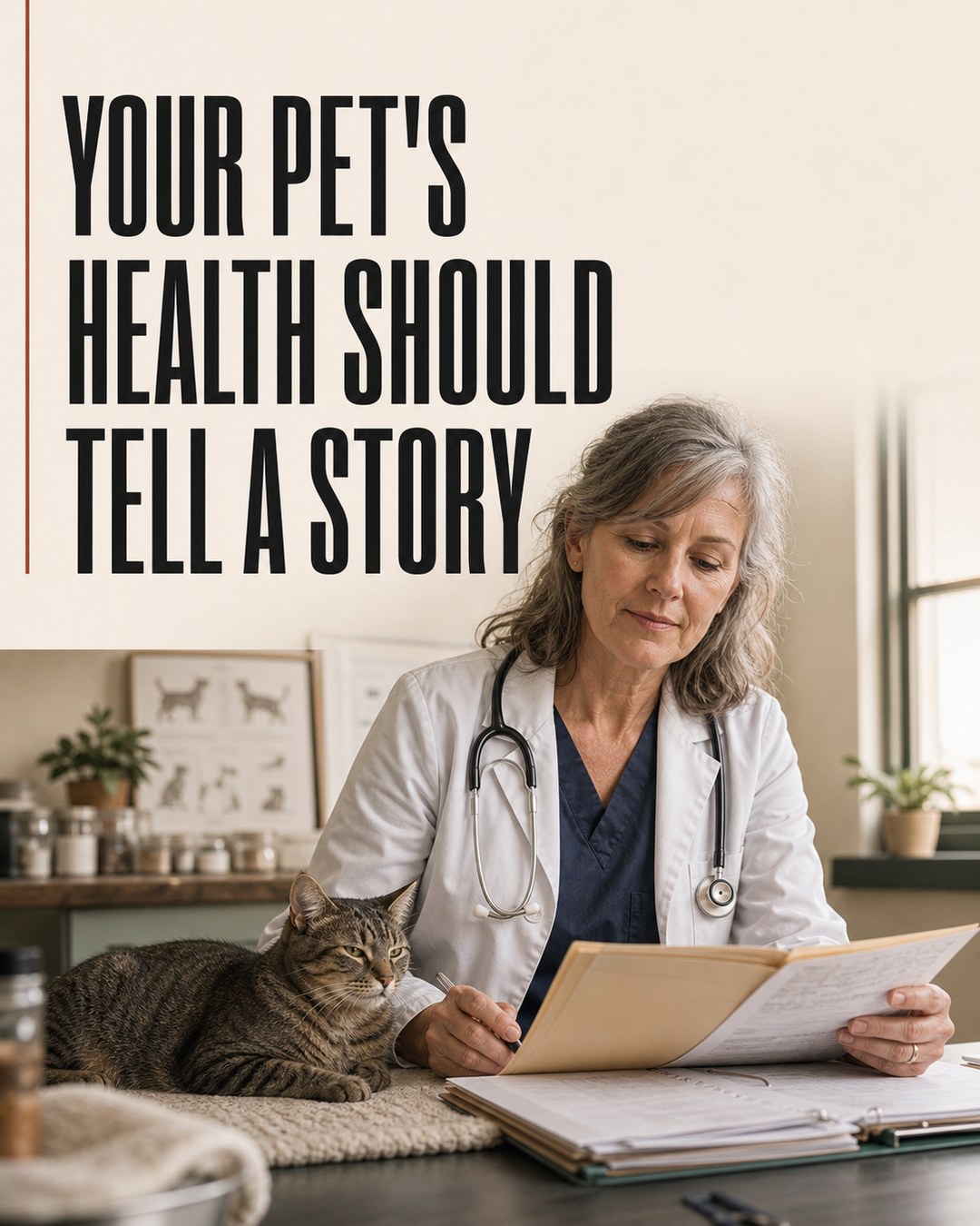 LinkedIn graphic reading “YOUR PET'S HEALTH SHOULD TELL A STORY” over a female veterinarian reviewing charts with a tabby cat beside her