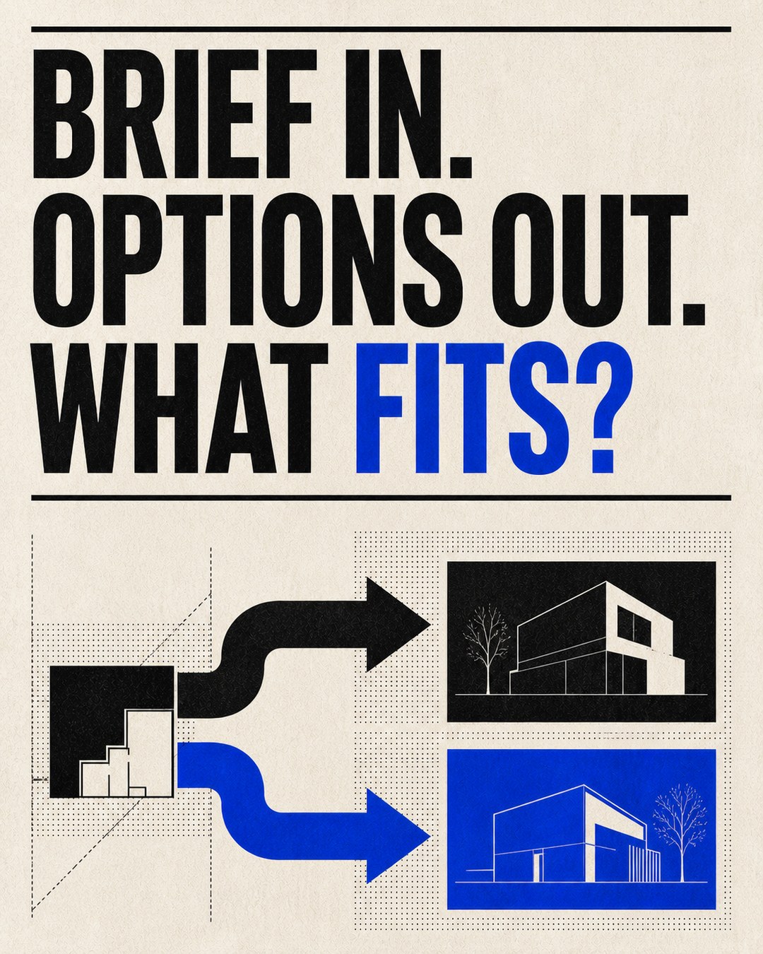 LinkedIn graphic reading “BRIEF IN. OPTIONS OUT. WHAT FITS?” over architectural workflow diagram branching into two building design options