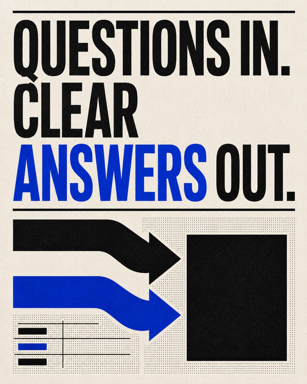 LinkedIn graphic reading “QUESTIONS IN. CLEAR ANSWERS OUT.” over a technical process diagram with curved arrows entering a black box