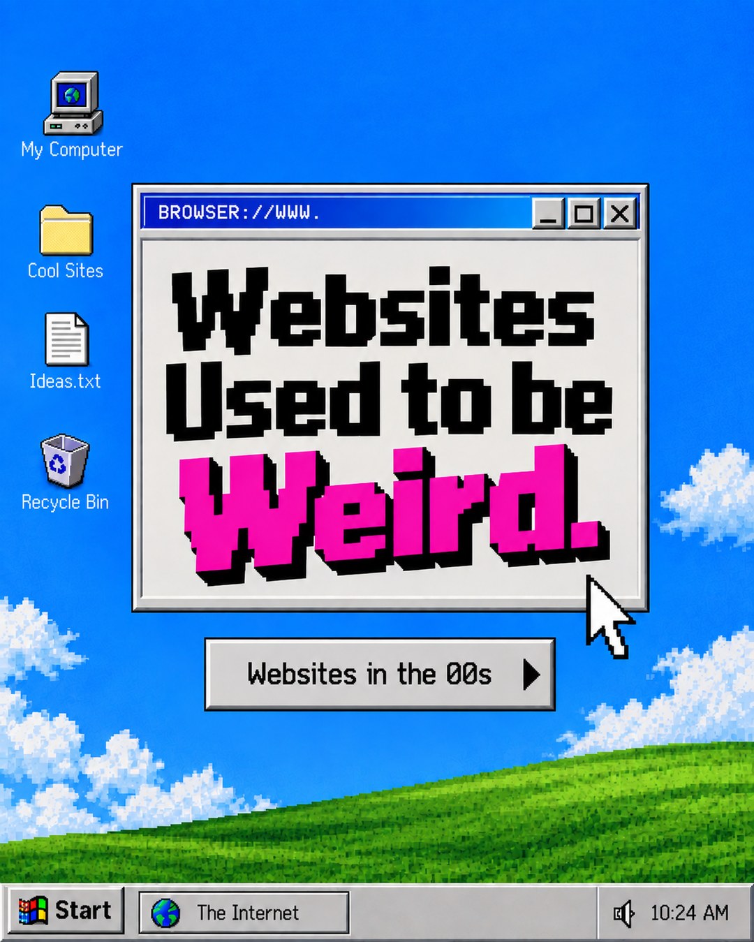 LinkedIn graphic reading “Websites Used to be Weird.” over a retro 90s desktop browser window with a pixel cursor