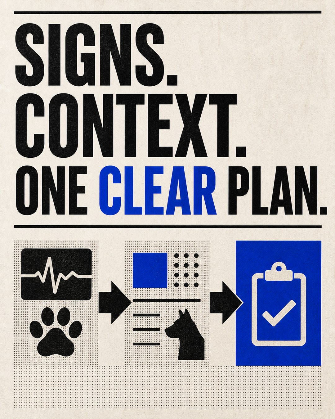 LinkedIn graphic reading “SIGNS. CONTEXT. ONE CLEAR PLAN.” over a three-step veterinary diagnostic process flowchart with icons