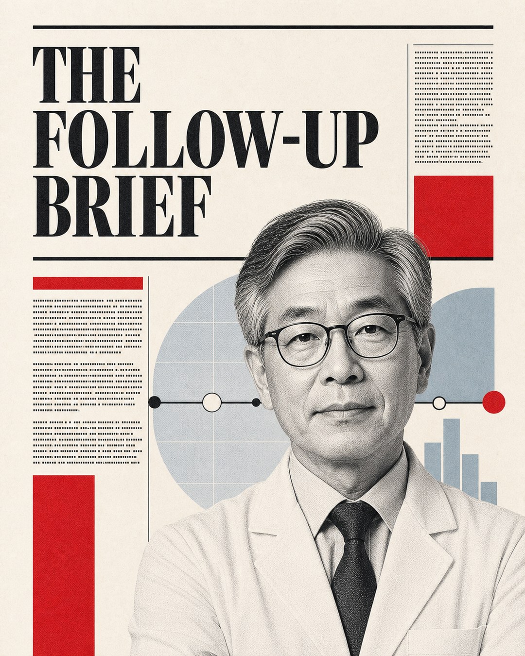 LinkedIn graphic reading “THE FOLLOW-UP BRIEF” over an engraved portrait of an Asian male doctor or researcher wearing glasses and a lab coat